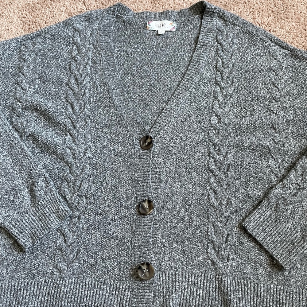 Pink Rose Cable Knit Cardigan Sweater - Picture 2 of 4